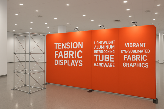 Our Straight Tension Fabric Displays are designed for professional trade show exhibits, conference backdrops, and branded presentations. Built with lightweight aluminum interlocking tube hardware and a vibrant dye-sublimated fabric graphic, these displays combine convenience, quality, and style. Setup takes minutes — no tools required!