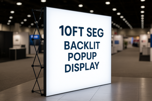 The 10ft SEG Backlit Popup Display is a vibrant, illuminated presentation system designed for tradeshows, events, and retail environments. Its accordion-style pop-up frame expands in seconds, and the silicone-edged graphics (SEG) slide smoothly into the frame channels for a wrinkle-free, premium finish.