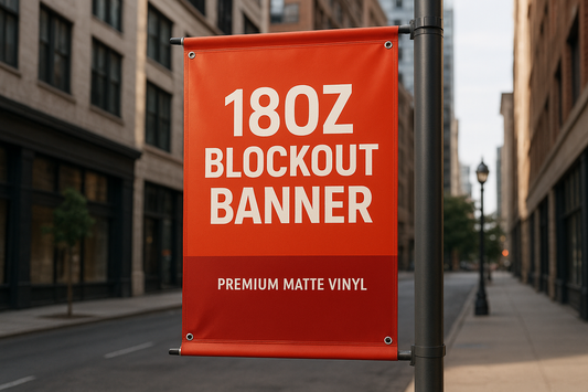 The 18oz Blockout Banner is our most durable, premium-grade banner — ideal for street displays, outdoor advertising, light pole banners, and long-term installations. This heavy-duty matte vinyl features a unique blockout layer between two PVC faces, preventing any light from passing through while ensuring rich, vibrant color on both sides.