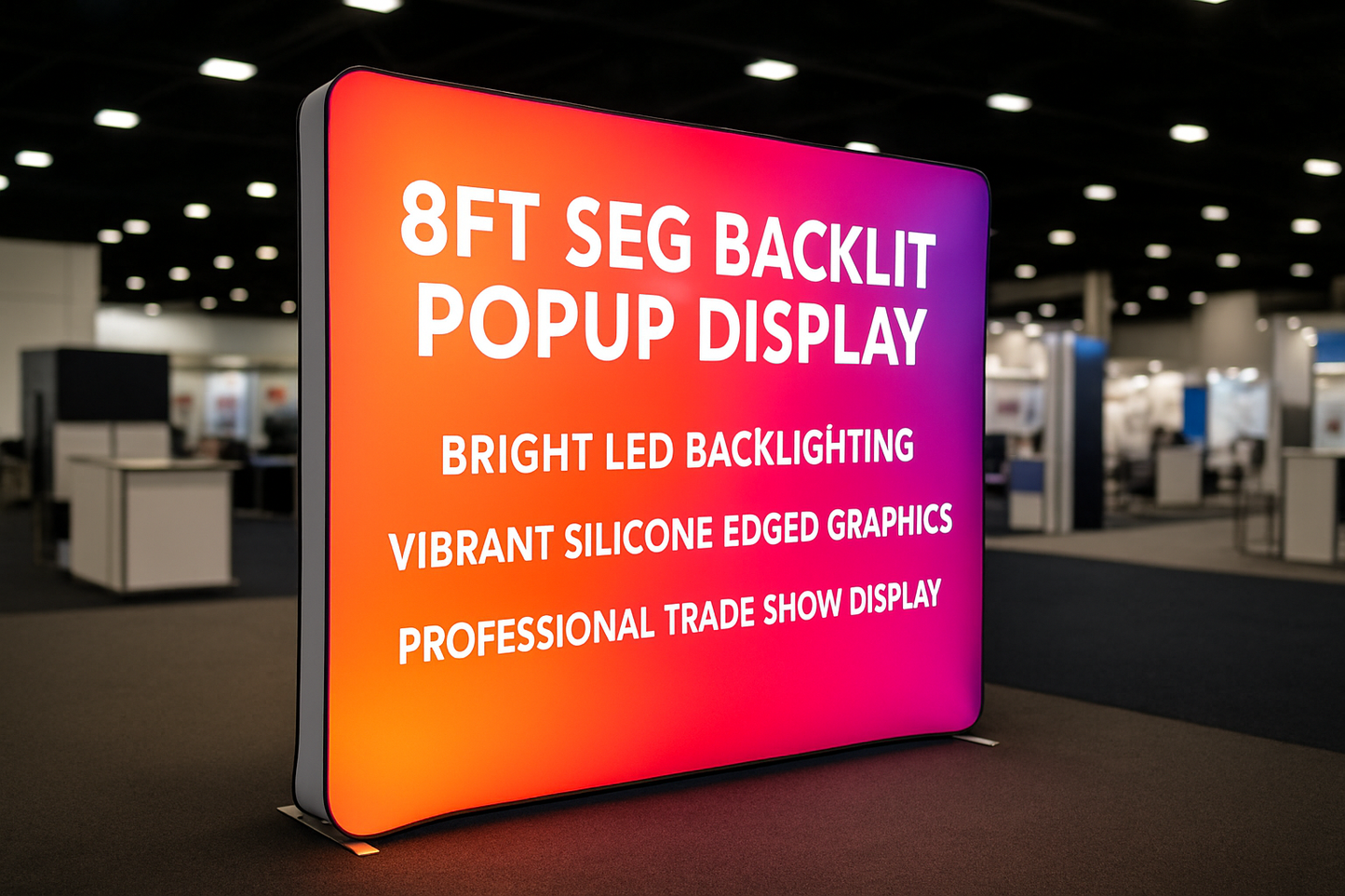 The 8ft SEG Backlit Popup Display is an affordable and compact illuminated display, ideal for trade shows, events, or in-store promotions. Featuring silicone-edged graphics (SEG) and built-in LED lighting, this pop-up system ensures your visuals shine bright and capture immediate attention.